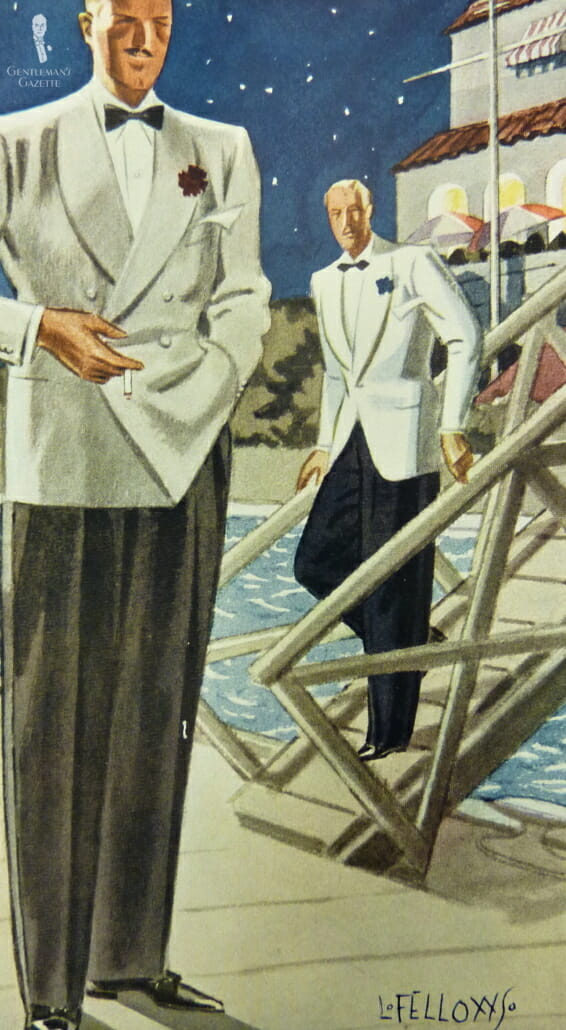 Une illustration vintage montrant deux hommes sur un bateau de croisière en smoking ivoire
