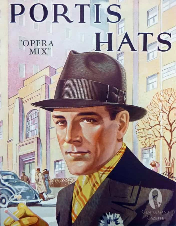 Reklama na klobouky Portis se žlutými rukavicemi, šálou a boutonniere