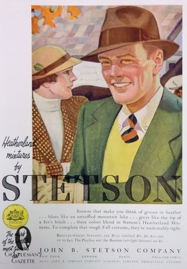 Chapeaux Stetson aux couleurs automnales - notez le col boutonné avec une cravate reps et un gilet pull