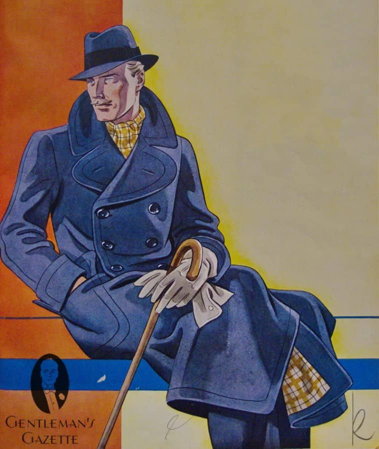 Kabát Ulters, šedé rukavice, hůl, kostkovaný šátek a odpovídající podšívka