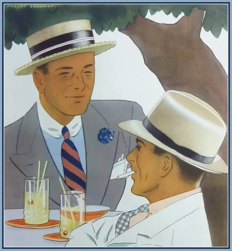 Annonce du Raja Panama Hat de 1934 montrant un gentleman portant un canotier et un autre portant un chapeau Panama