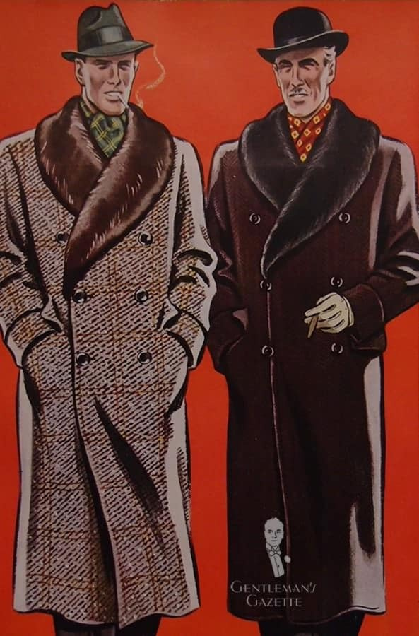 Kabáty inspirované Ulsterem s kožešinovými šálovými límci pro muže v kombinaci s hedvábnými šátky z roku 1937