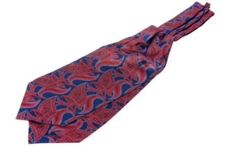 Ascot en soie Madder avec motif cachemire rouge, orange, bleu marine et bleu clair