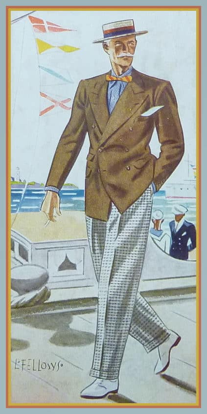 Уметничка илустрација из 1930-их која приказује старијег белца у смеђој летњој јакни са дуплим грудима са карираним панталонама, белим ципелама и сламнатим шеширом
