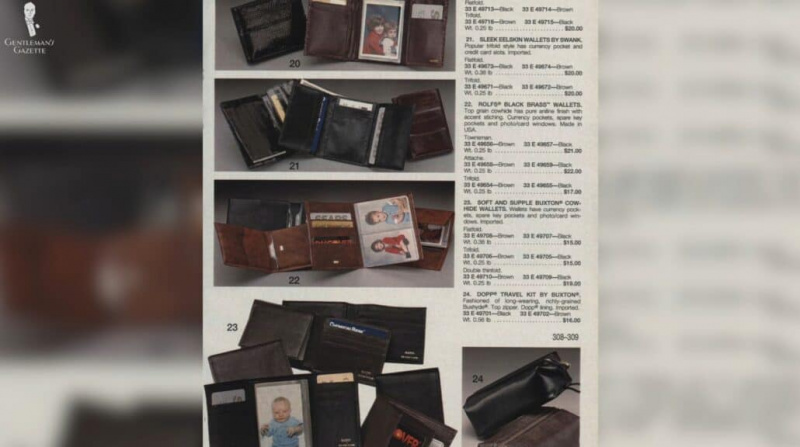 Une vieille publicité de différents portefeuilles avec fentes pour cartes.