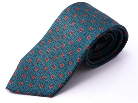 Cravate en soie Madder verte à motif bleu orange