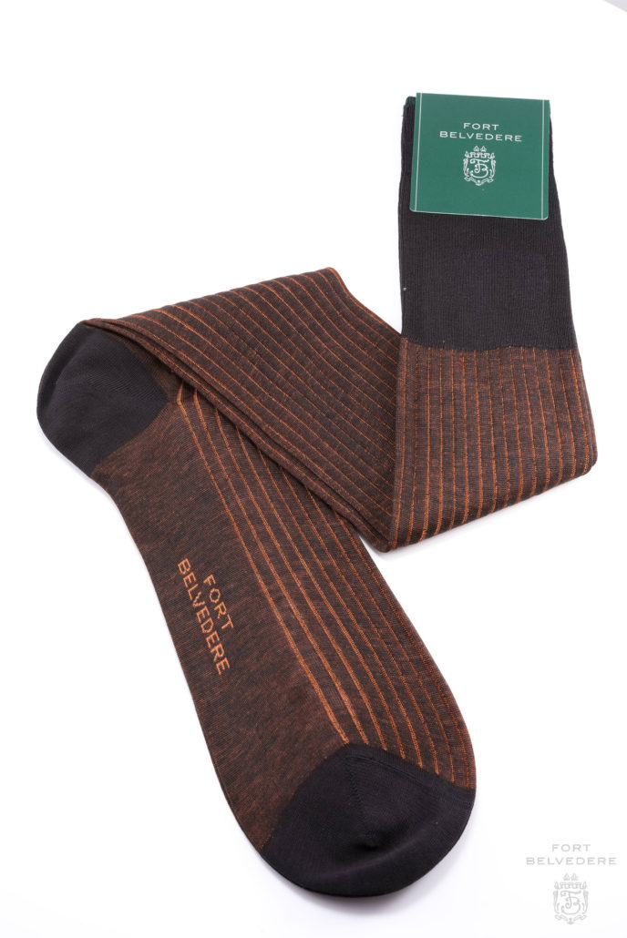 Oranžovo-uhlové žebrované ponožky přes lýtko se stínovými pruhy Bavlna Fil d Ecosse - Made in Italy Fort Belvedere
