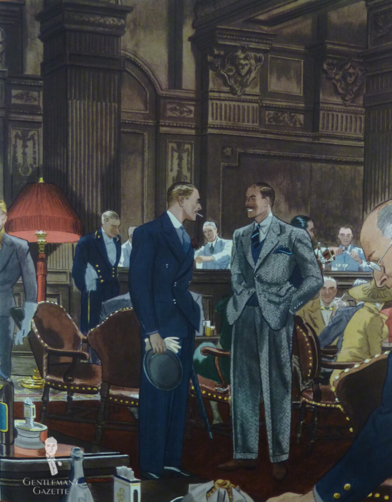 Uma ilustração vintage de uma cena de bar em que os homens estão vestindo trajes de coquetel
