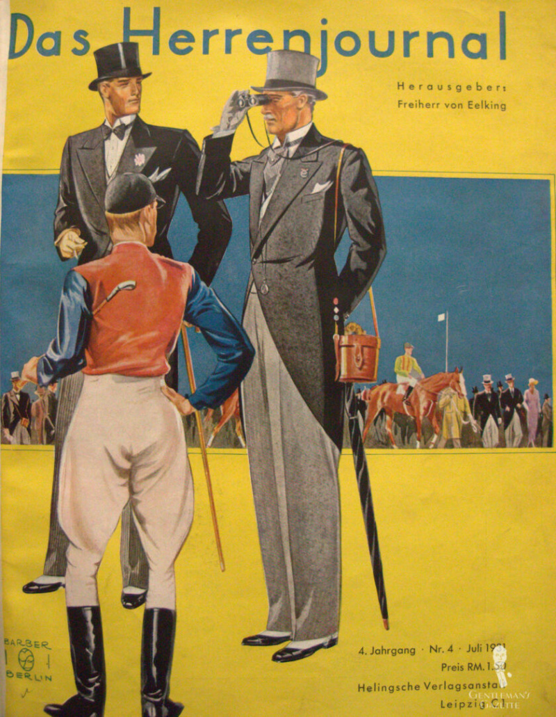 Una ilustración de tres hombres, incluido un jockey, en una carrera de caballos: un hombre lleva ropa de mañana con un pañuelo.