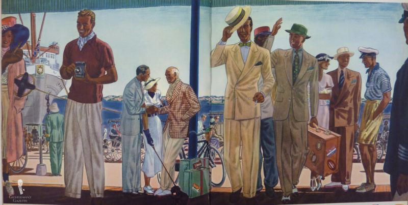 Ilustrace letních rekreantů v přístavu z 30. let
