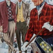 Los hombres con ropa para clima frío en la década de 1950 usan ascots con su ropa deportiva.