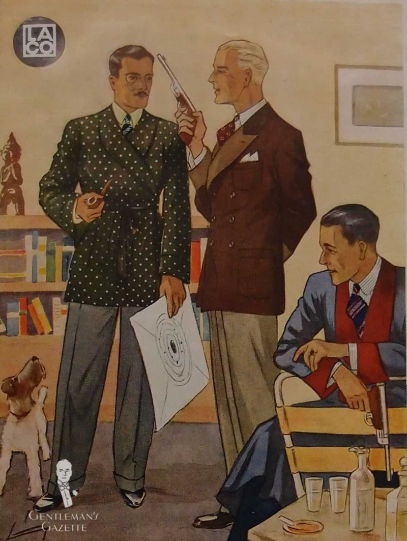 Un anuncio ilustrado que muestra a dos hombres con chaquetas de esmoquin y uno con bata de casa.