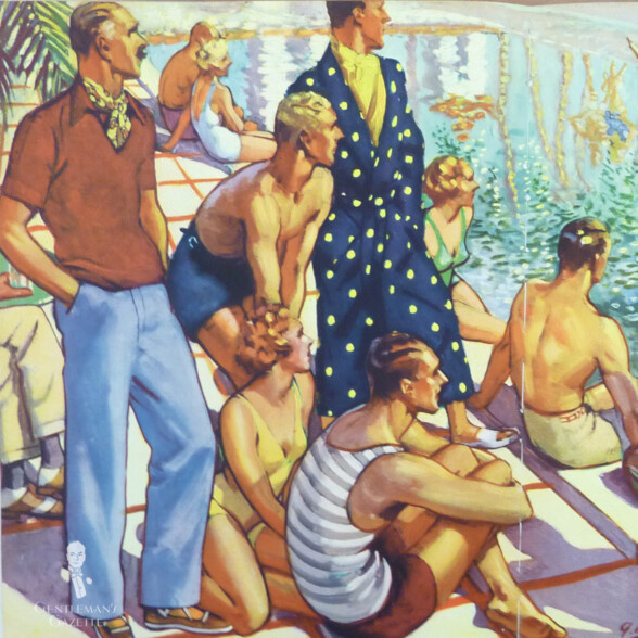 Uma ilustração dos anos 1930 de pessoas na piscina, algumas usando lenços