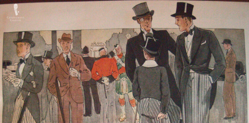 Una ilustración del período de 1930 de hombres con ropa de mañana y trajes de día.