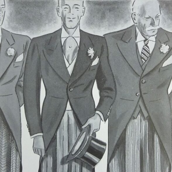 Una ilustración de caballeros antiguos en abrigos de mañana para una ceremonia de boda