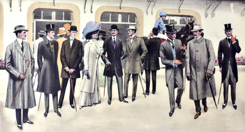 Una ilustración de principios del siglo XX de muchos hombres vestidos de mañana y vestidos con pañuelos