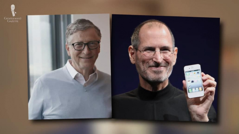 Les magnats de la technologie Bill Gates et Steve Jobs habillés comme n