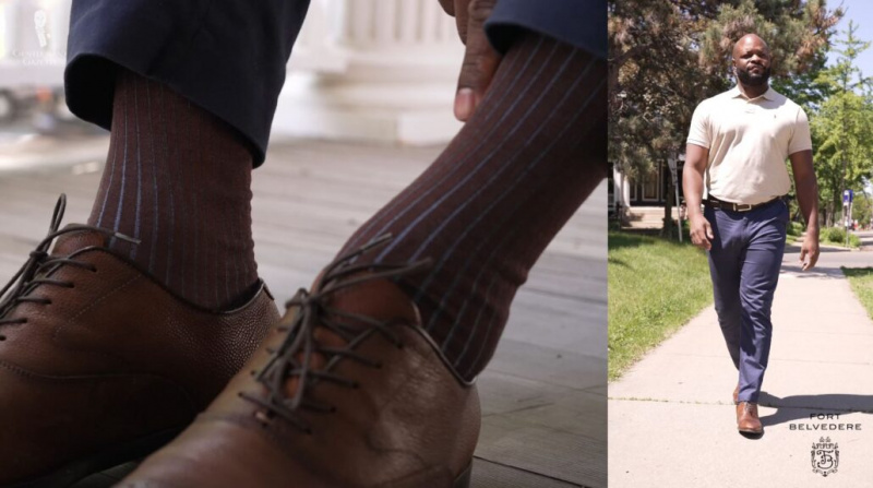 Kyle dans une tenue décontractée par temps chaud avec une paire de chaussettes côtelées Shadow Stripe marron clair et bleu de Fort Belvedere