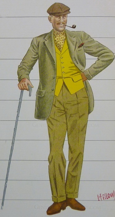 Une illustration de mode vintage représentant une tenue de pays vert jaune Arts du vêtement