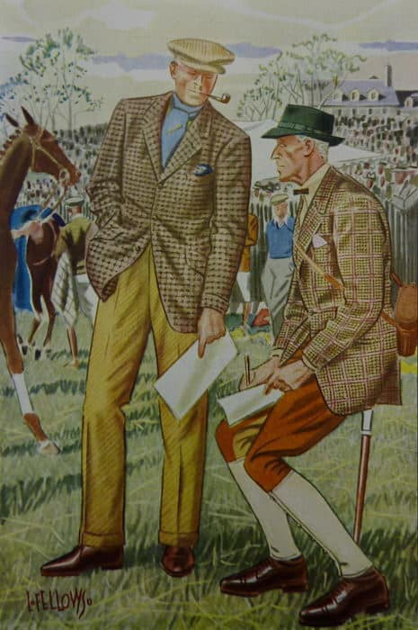 Deux hommes apparaissent dans une illustration de mode vintage portant des vêtements de pays à une course de chevaux du Maryland