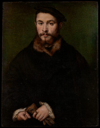 Muotokuva 1500-luvun miehestä, jolla on tumma takki ja jolla on sormus etusormessaan.