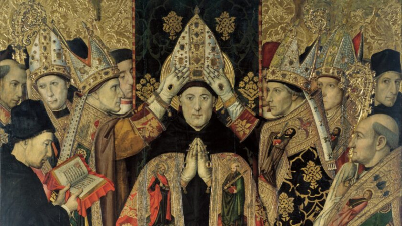 Keskiaikainen maalaus kirkon johtajista, joilla on monta sormusta kaikissa sormissaan.