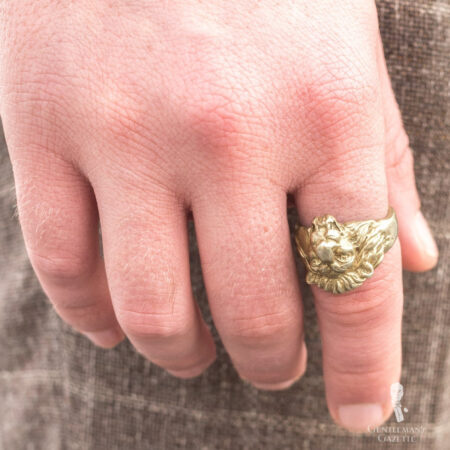 Valokuva kädestä, jonka etusormessa on kultainen leijonapäinen sormus