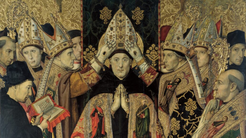 1400-luvun maalaus, joka kuvaa lukuisia korkea-arvoisia roomalaiskatolisia pappeja, jotka pitävät suuria sormuksia