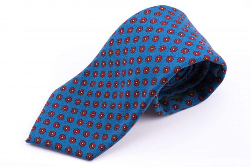 Cravate Challis en Laine Mohair bleu à Petits Motifs Géométriques Fort Belvédère