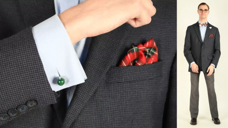 Preston incorpora tartan na roupa que consiste em uma gravata borboleta xadrez vintage e lenço de bolso.