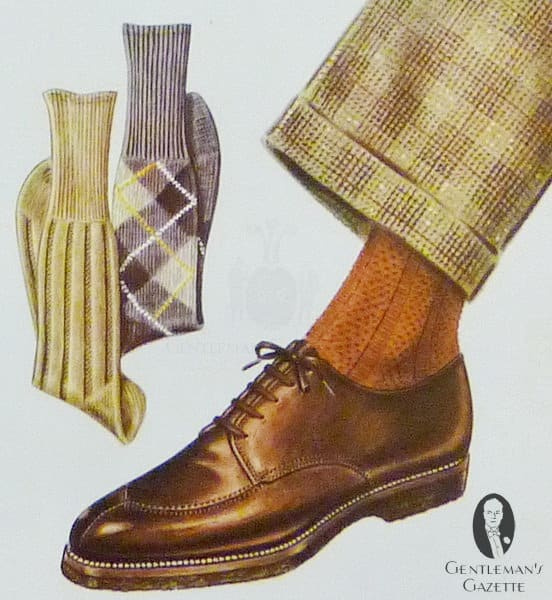 Donkerbruine Noorse schoen met oranje sokken en broek met patroon