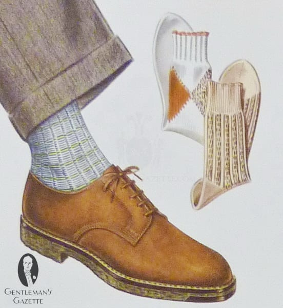 Hnědé derby boty s netrnitým tvídem a vzorovanými ponožkami