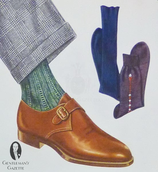 Středně hnědé mnišské páskové boty se zelenými ponožkami a klasickým oblekem prince z Walesu