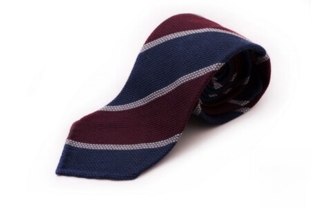 Gravata granadina de lã de caxemira em azul escuro, bordô, listra cinza claro