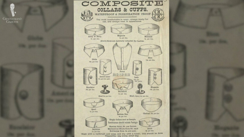 Une publicité de 1887 illustrant différents styles de cols et de manchettes