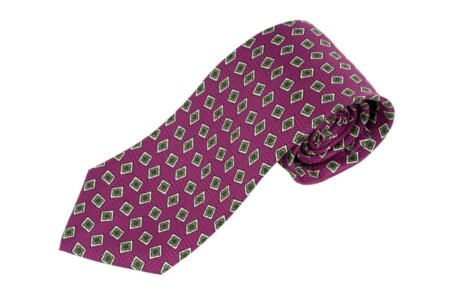 Žakárová tkaná kravata Begonia Purple s potištěnými zelenými a bílými diamanty