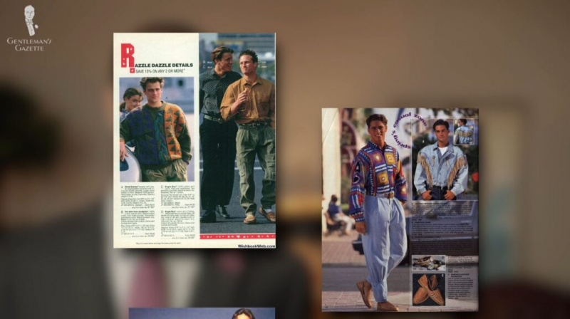 Mainokset, joissa 1990-luvun miehiä pukeutuivat roikkuviin housuihin [Image Credit: Newstock (vasemmalla) ja Matthew Valencia (oikealla)]