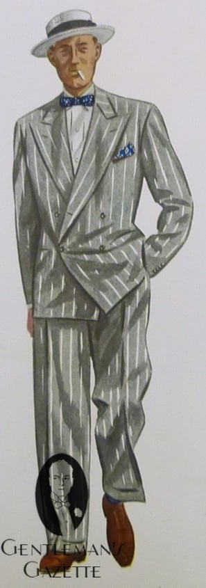 Dvouřadový oblek Chalk Stripe z Kent Fasson s motýlkem, slaměným kloboukem a hnědými semišovými botami