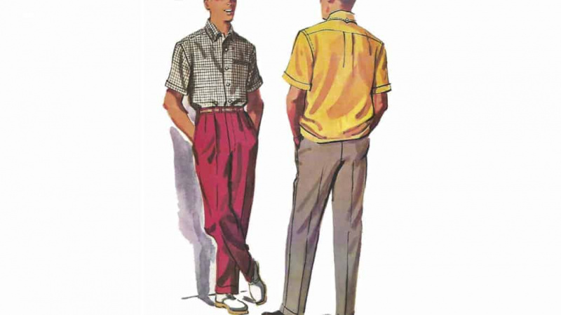 De nombreux pantalons comportaient encore deux plis, mais vous pouviez également trouver des pantalons à devant plat.