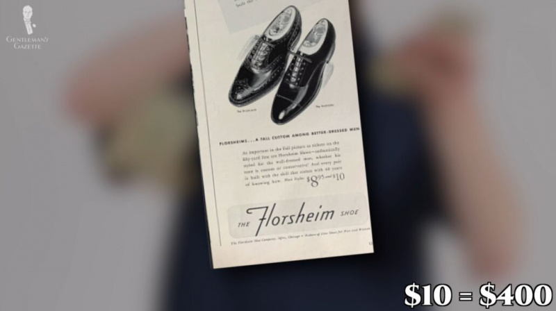 Vintage reklama Florsheim zobrazující maloobchodní cenu 10 USD za pár, což odpovídá dnešním 400 USD