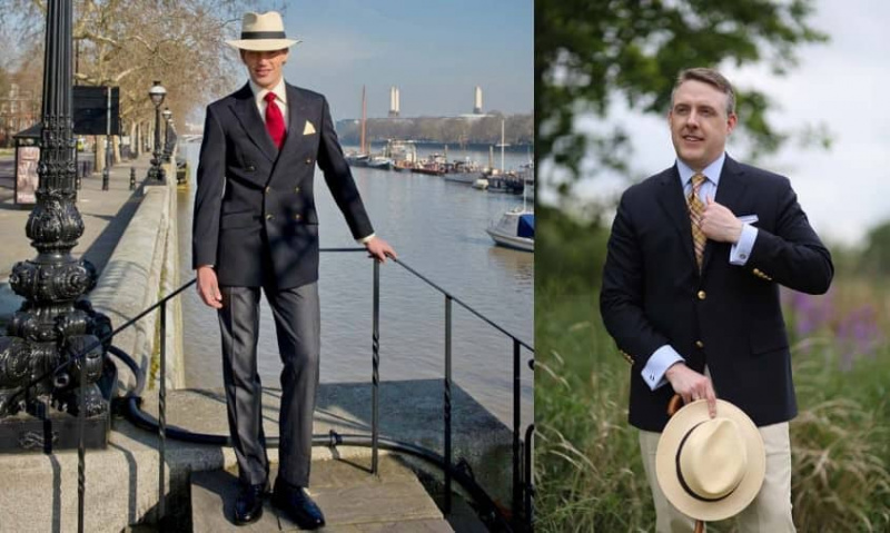 DB námořní sako s červenou kravatou, šedými flanelovými kalhotami a sakem Panama Hat & SB s madrasovou kravatou, chinos kalhotami a kloboukem Panama