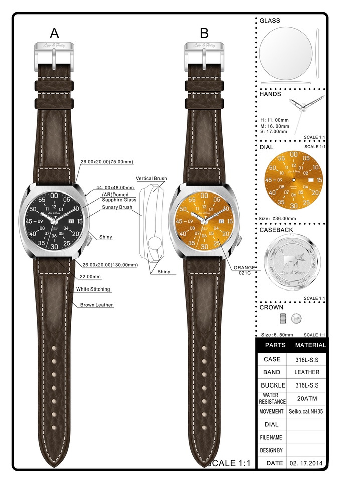 Schéma de la montre Lew et Huey Kickstarter
