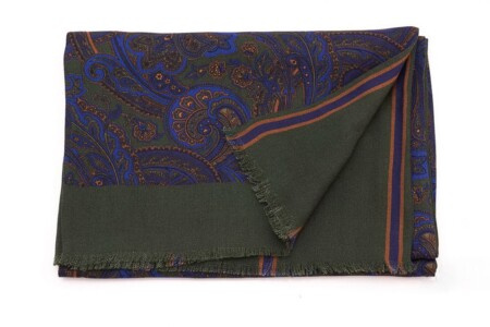 Lenço reversível em lã de seda verde e azul Paisley e listras Fort Belvedere