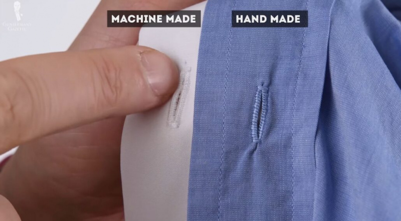 Une comparaison visuelle entre une boutonnière faite à la machine et une boutonnière faite à la main