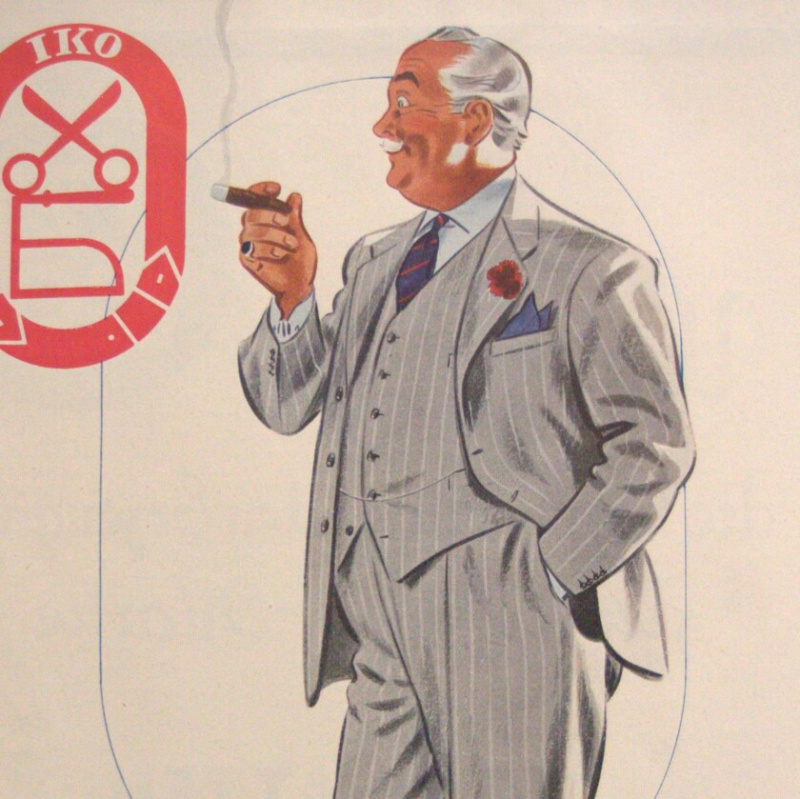 Senovinė vokiška reklama, vaizduojanti vyrą, mūvintį rausvą žiedą