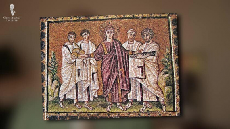 Ilustrace římského císaře a jeho poddaných.