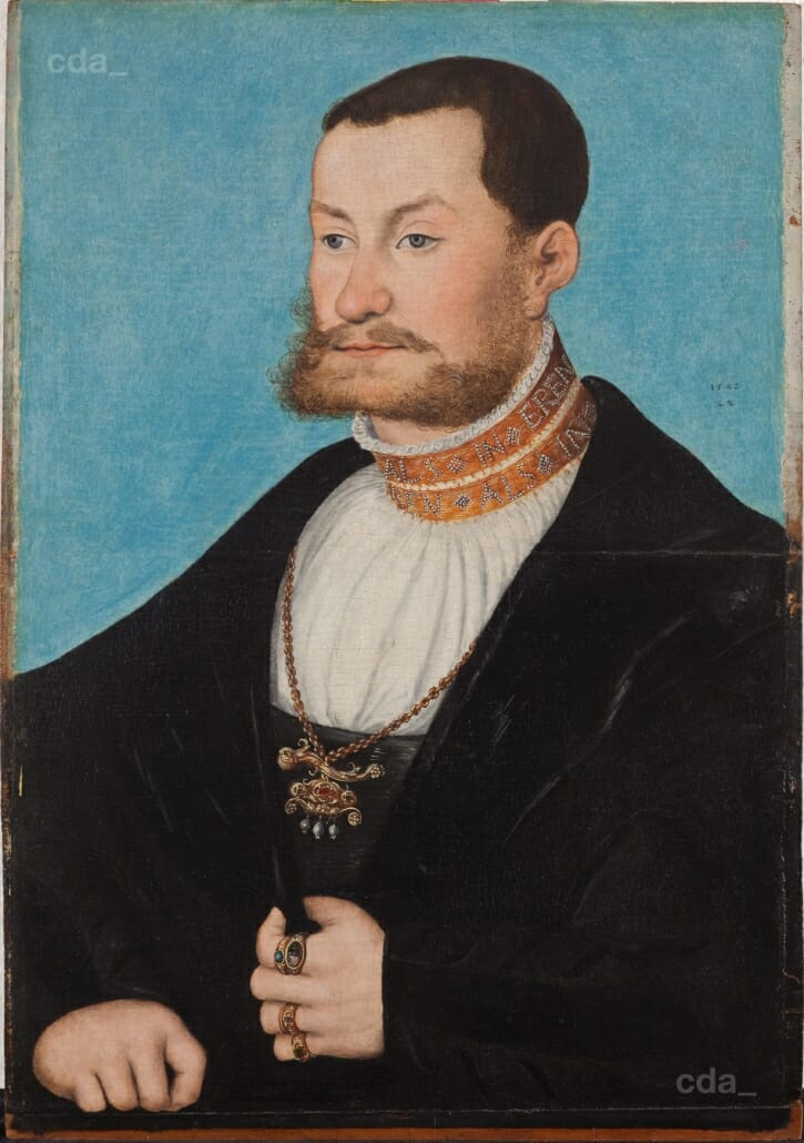 Joachim von Anhalt s pečetním prstenem na ukazováčku levé ruky