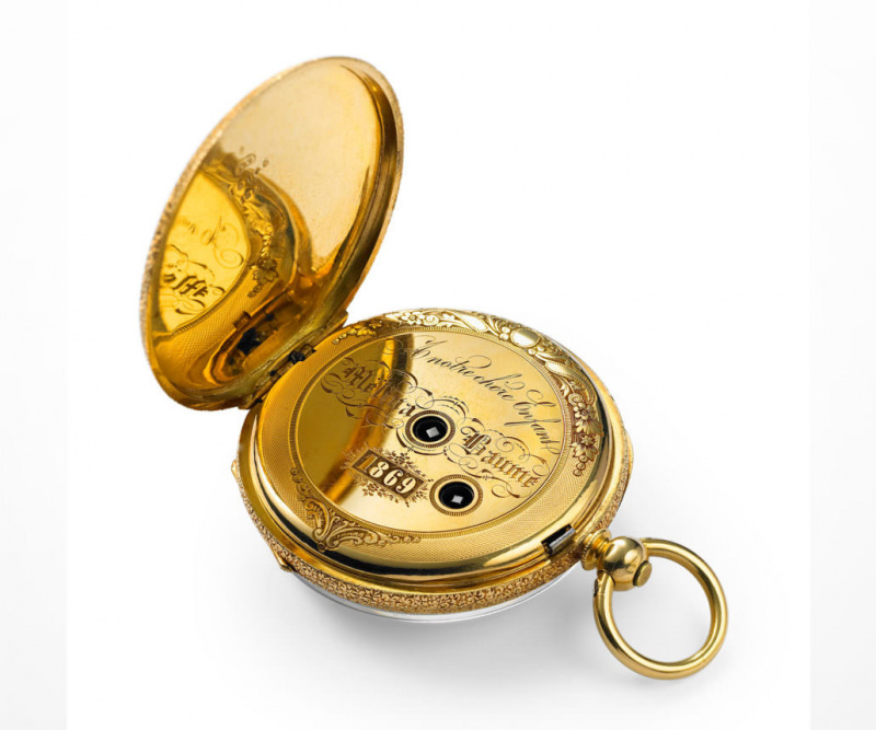Kapesní hodinky vyrobené v roce 1869 jako dárek pro Melinu Baume
