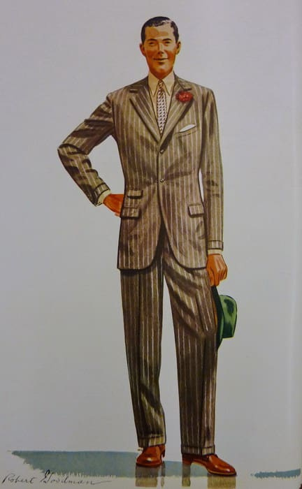 Arts du vêtement Illustration par Robert Goodman 1939 montrant un costume de paddock marron avec une chemise jaune à rayures crem, une cravate, un mouchoir de poche et une boutonnière à œillets rouges