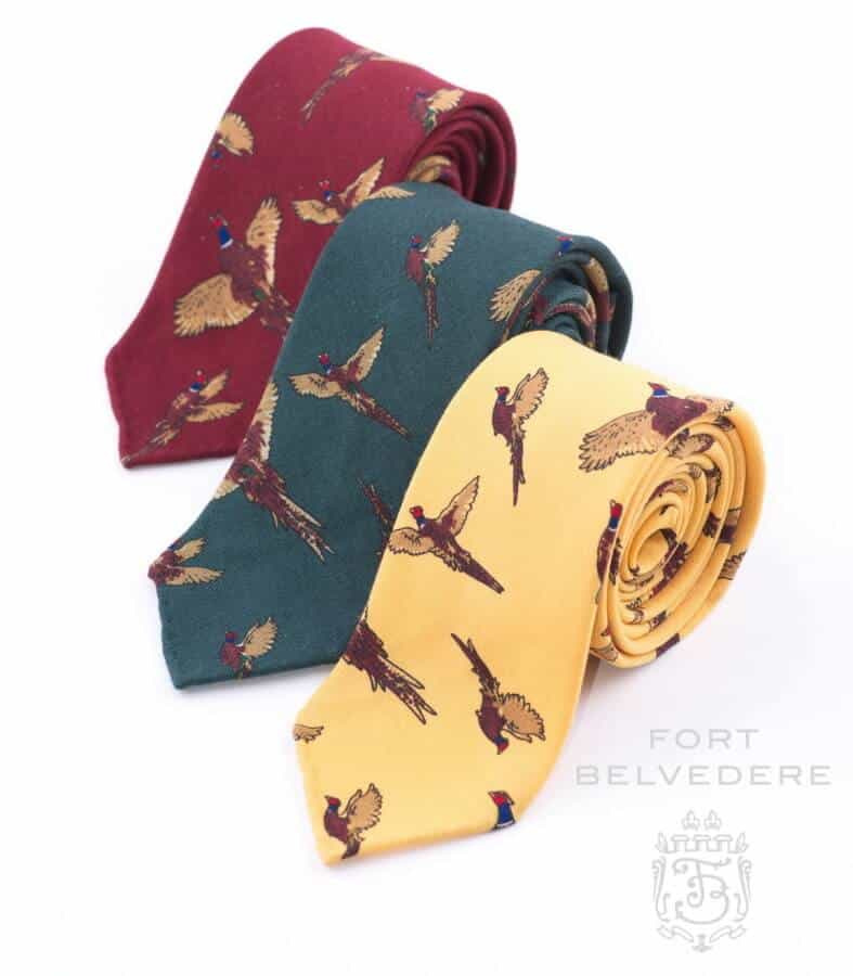 Вунене кравате Цхаллис жуте, зелене, бургундске фазане Форт Белведере - идеалне за лов и стрељаштво
